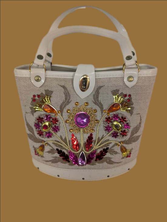 Vintage Handbags - VINTAGE Bag Mini Bucket Bag  Embellished Beige Pink Multicolor Gem Accents